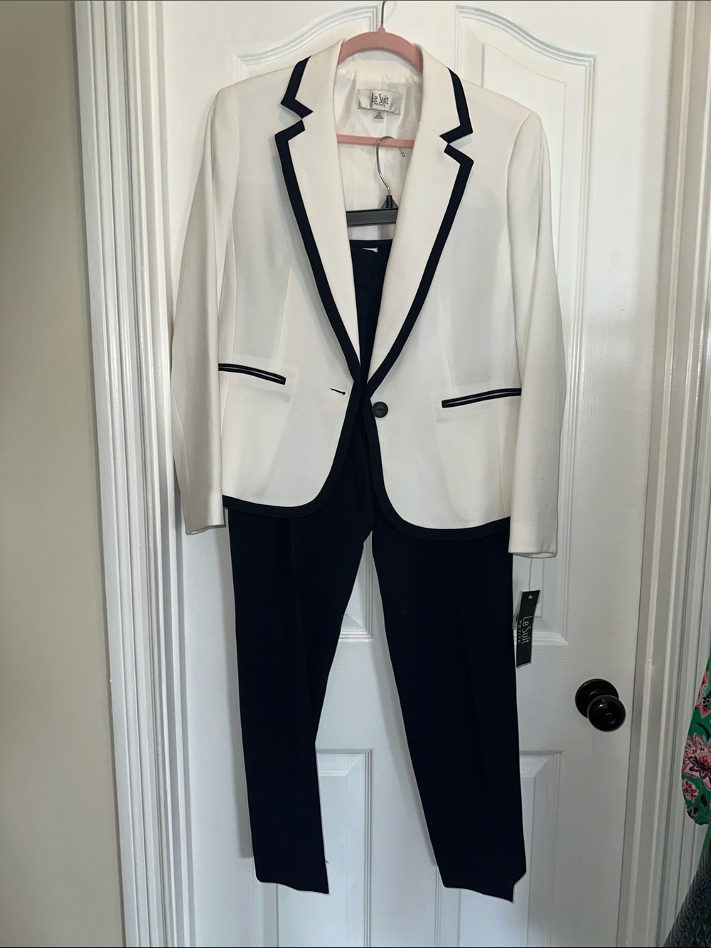 Le Suit White Blazer with Black Trim and Black Pants Suit